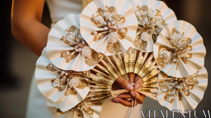 Elegant Bride with White and Gold Paper Fans Bouquet AI Image
