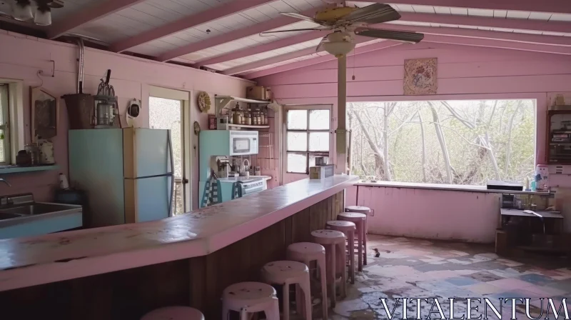 Enchanting Retro Diner in a Forest | Pink and Blue Color Scheme AI Image