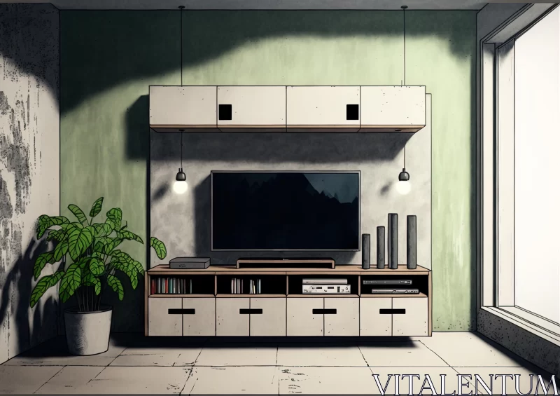 AI ART Expressive Manga Style 3D Living Area with TV and Plant