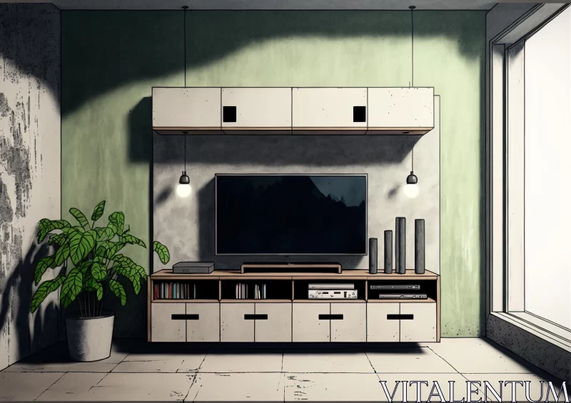 Expressive Manga Style 3D Living Area with TV and Plant AI Image