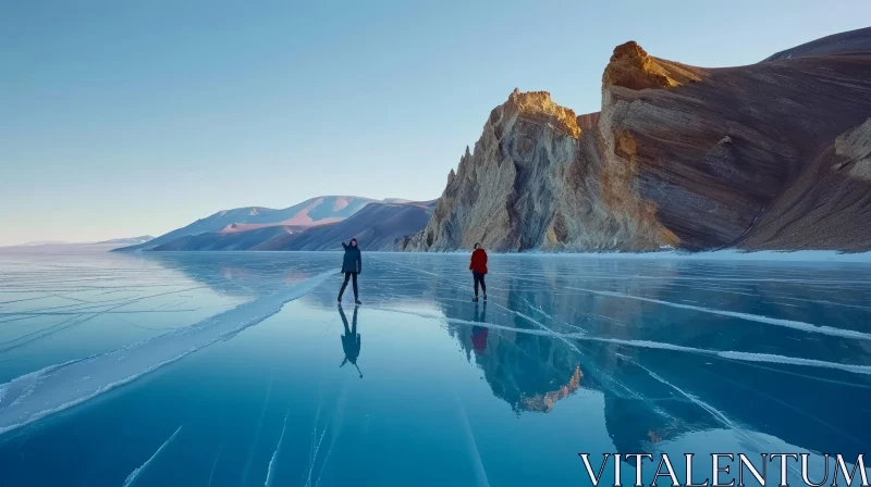 Frozen Lake Reflection: Captivating Image of People on Mirror-Like Ice AI Image