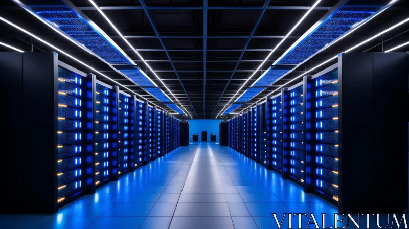 Futuristic Data Center with Blue-Lit Server Racks AI Image