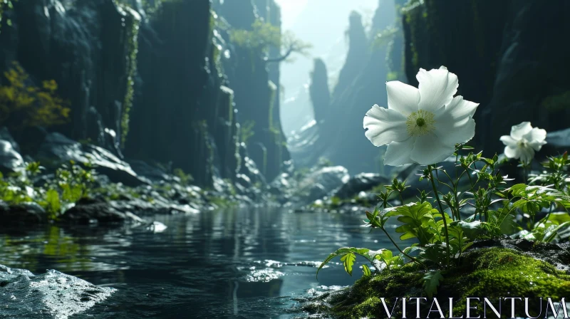Majestic Valley Landscape with River and Blooming Flower AI Image