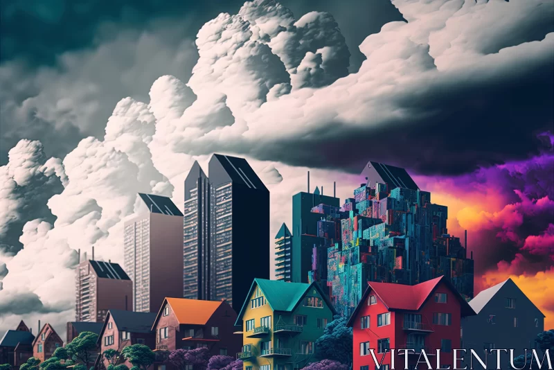 Vibrant Cityscape: Surreal Metaphorical Scene with Colorful Houses AI Image