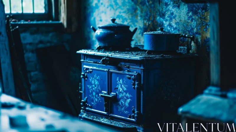 AI ART Vintage Blue Kitchen Stove | Cast Iron | Floral Design