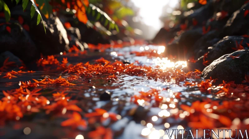 A Serene Forest Stream: Crystal-Clear Water, Sparkling Sunlight, and Vibrant Fallen Leaves AI Image