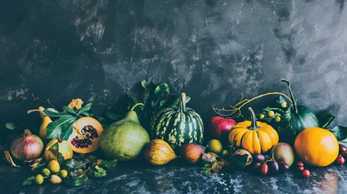 Autumn Fruits and Vegetables on Dark Surface - Perfect for Autumn-Themed Article
