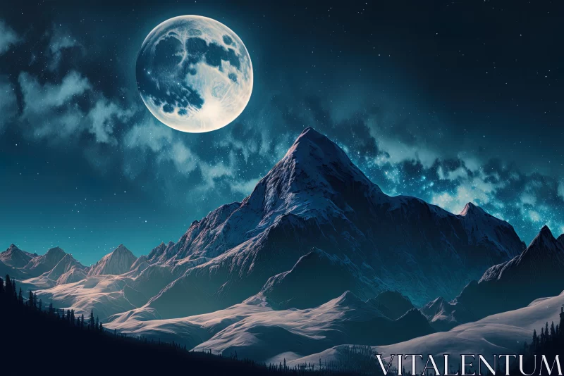Captivating Full Moon and Mountain Scene Wallpaper | Digital Art AI Image