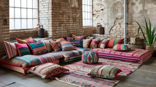 Colorful Living Room with Patterned Sofa and Assorted Textiles