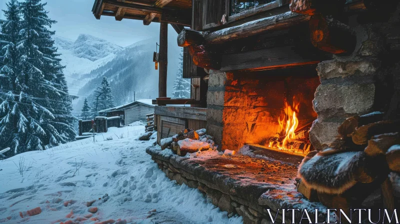 Cozy Fireplace in Snowy Mountain Cabin - A Winter Wonderland AI Image