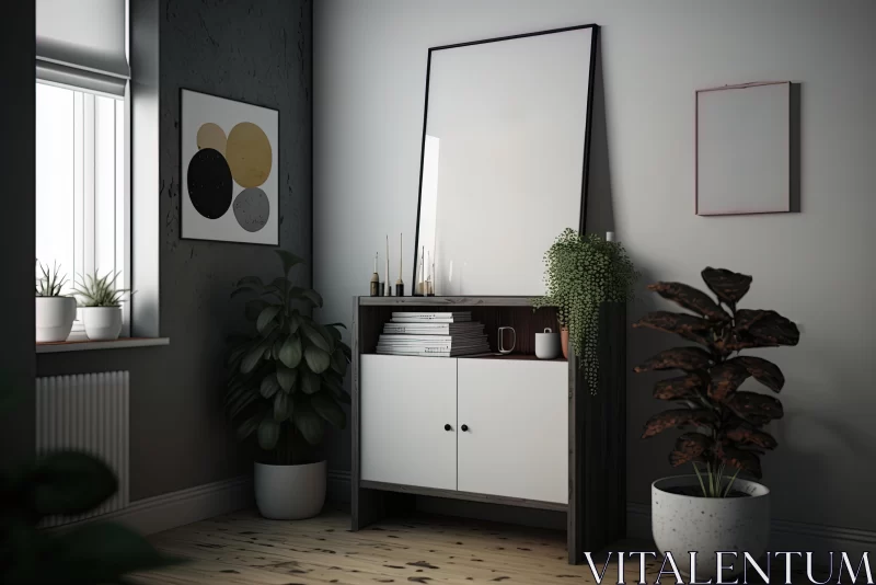 Modern Urban Design: Dark White and Dark Gray Side Table with Mirror and Vase AI Image