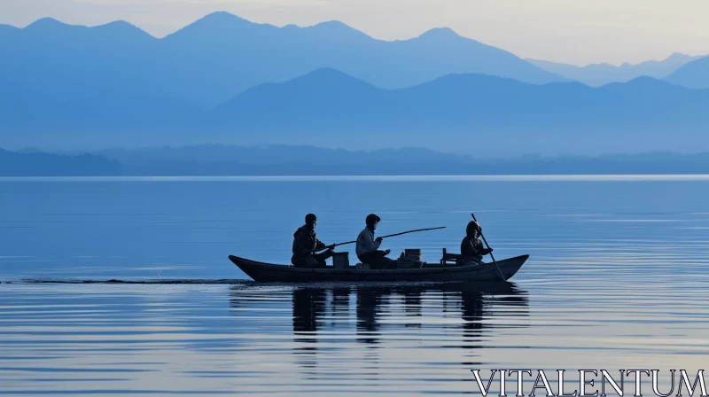 Tranquil Fishing Scene in the Majestic Mountain Ranges AI Image