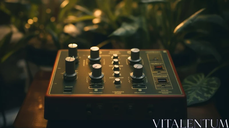 Vintage Synthesizer Close-Up on Wooden Table AI Image