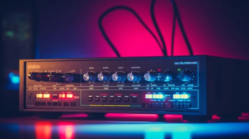 Vintage Synthesizer Close-up with Blue and Red Lights