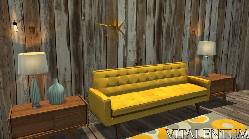 Cozy Mid-Century Modern Living Room with Yellow Sofa AI Image