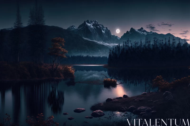 Dark and Moody Landscape: Lake Near Rocks and Moon | Wilderness Depiction AI Image