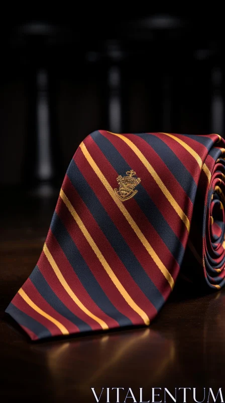 Dark Blue Striped Tie with Shield Logo on Wooden Table AI Image