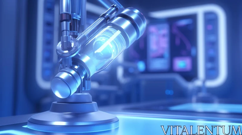 Futuristic Laboratory with Robotic Arm and Blue Liquid AI Image