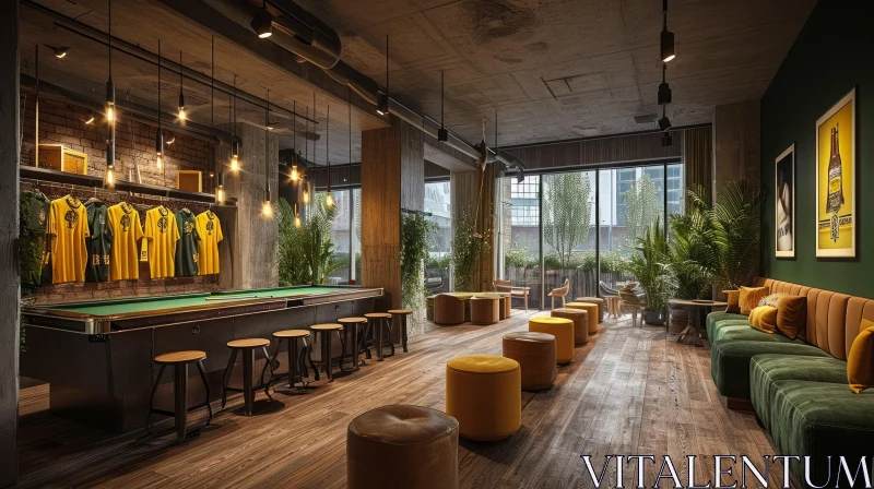 Modern Sports Bar with Pool Table and Comfortable Seating AI Image