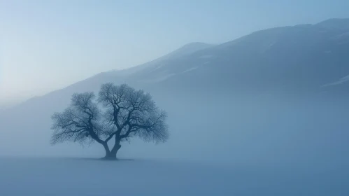 Solitary Tree in Snowy Field: A Serene and Majestic Landscape
