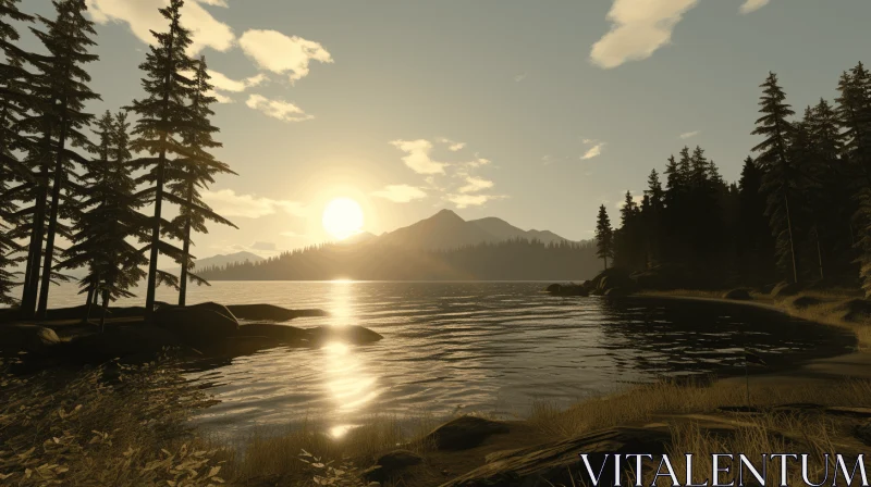 AI ART Tranquil Sunset over Lake and Mountains - Forestpunk Aesthetic