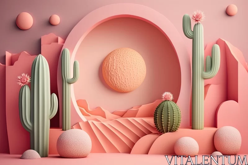 3D Paper Desert with Cactus and Cactus Flower - Minimalist Art AI Image
