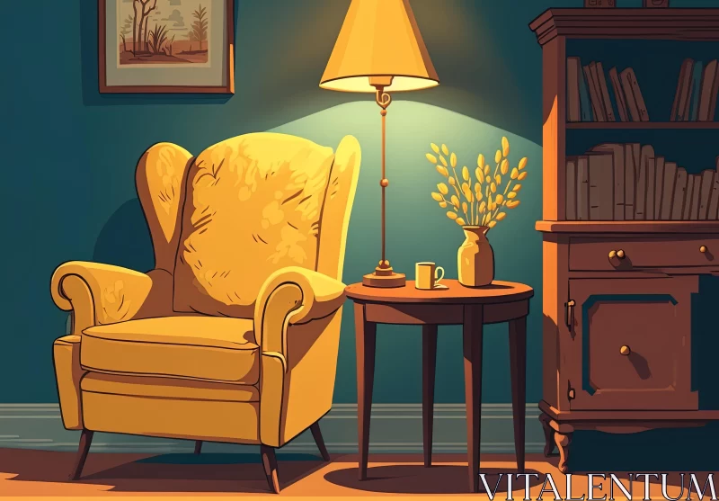 Cozy Living Room with Yellow Arm Chair, Lamp, and Bookcase AI Image