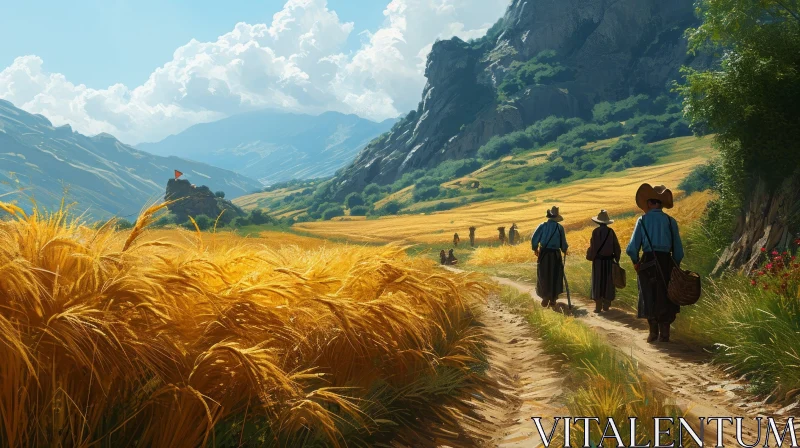 Golden Wheat Field with Road, Rock Formation, and Mountain Range AI Image