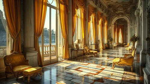 Luxurious Hall with Marble Floor and Yellow Curtains