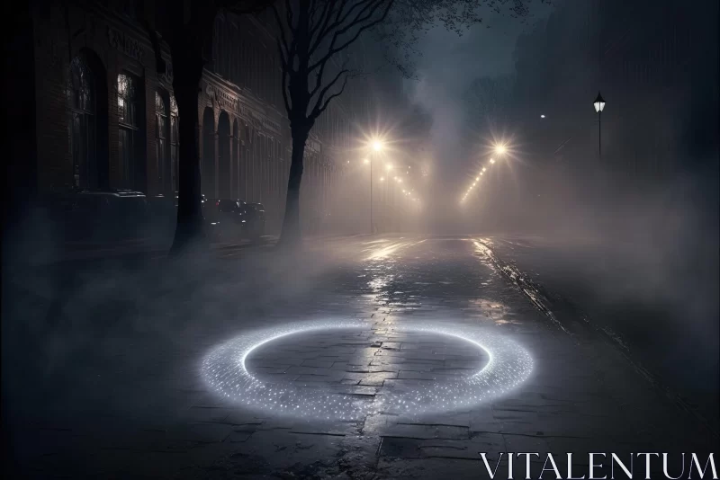 AI ART Mysterious Circle of Lights on Foggy Night Street - Ethereal Illustration