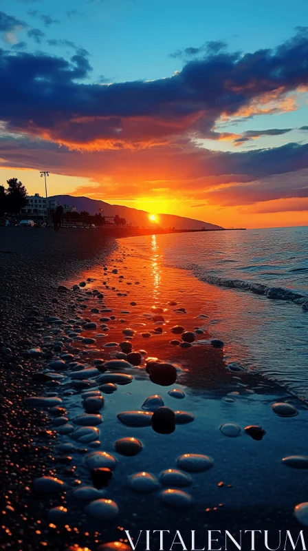 Captivating Sunset Beach with Vibrant Colors and Minoan Art AI Image