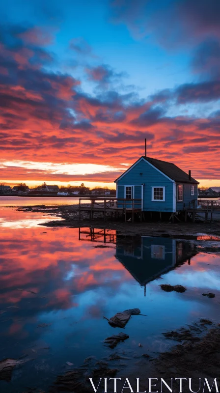 Captivating Sunset Scene with Blue House Reflecting on Water | Cabincore Aesthetic AI Image
