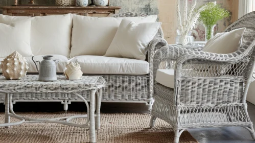 Coastal Living Room with White Wicker Furniture