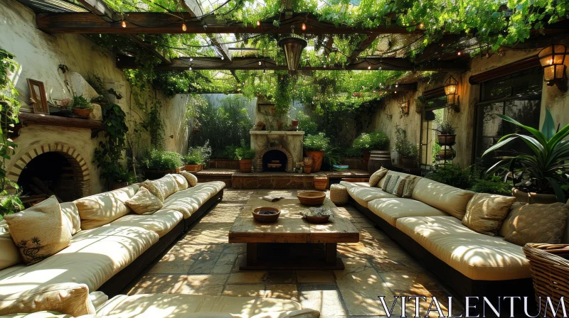 Cozy Outdoor Living Space with Fireplace and Greenery AI Image