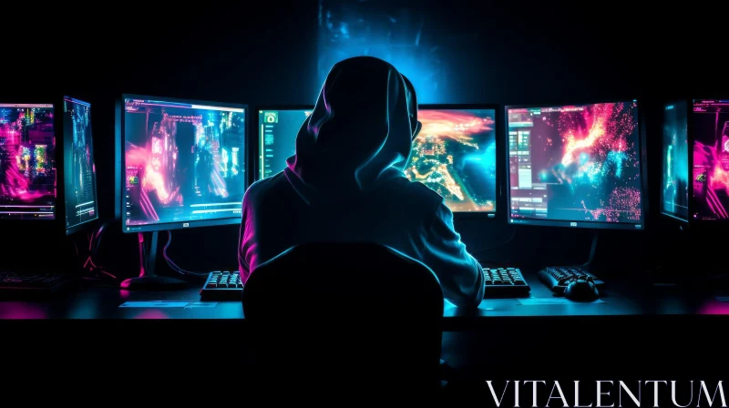 Dark Figure in Hoodie with Computer Monitors AI Image