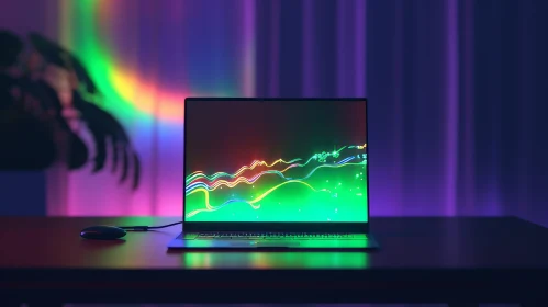 Dark Room Laptop with Bright Screen and Colorful Pattern