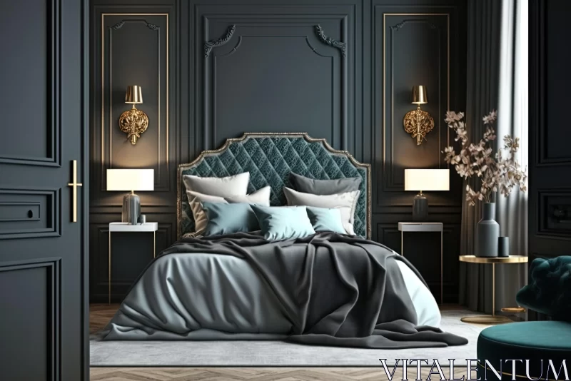 Elegant Black and Teal Bedroom with Gold Accents AI Image