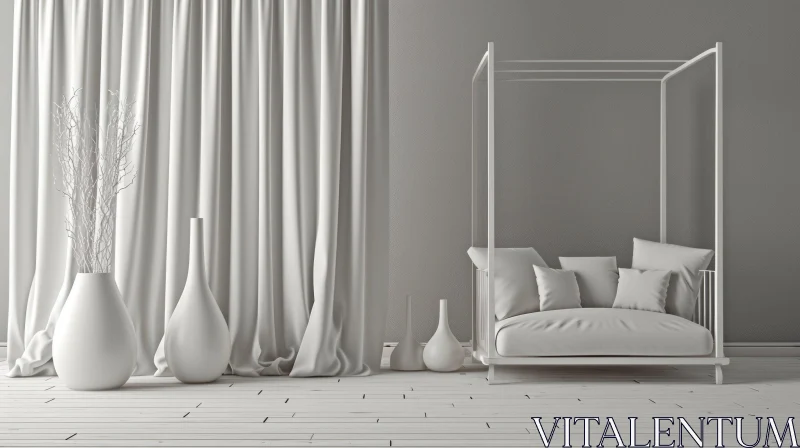 AI ART Minimalist Interior with White Canopy Bed and Curtains