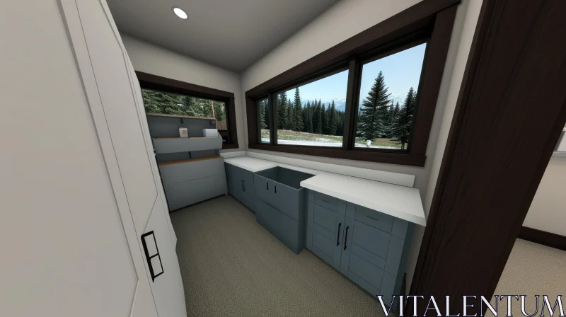 Modern Laundry Room with Blue Cabinets and Snowy Forest View AI Image