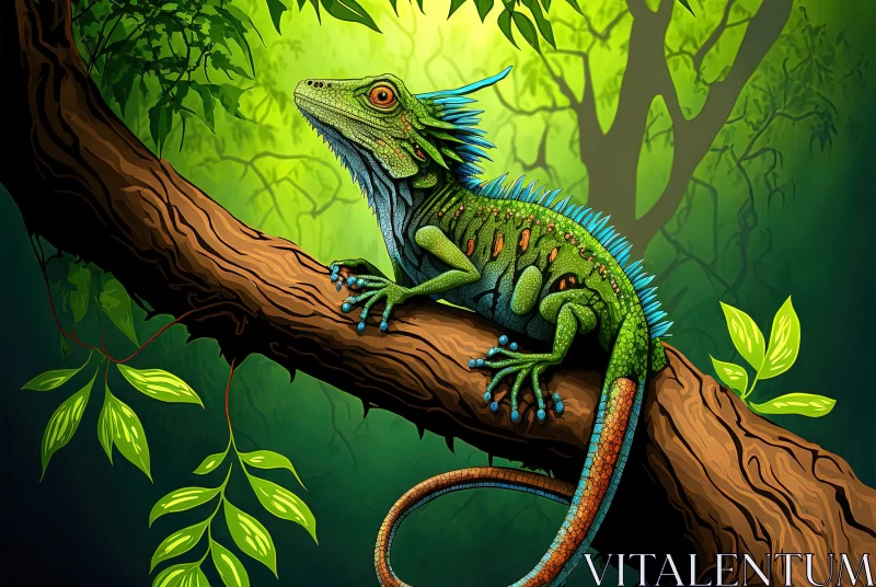 Mystical Jungle: Hyper-Detailed Illustration of an Emerald Lizard on a Tree Branch AI Image