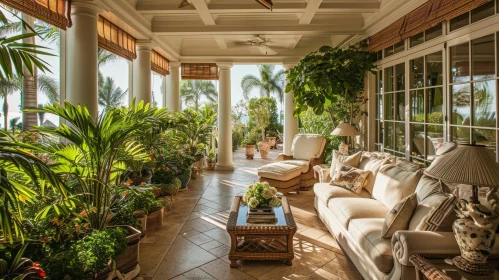 Sunlit Porch with Seating Area and Lush Plants - Relaxation and Luxury