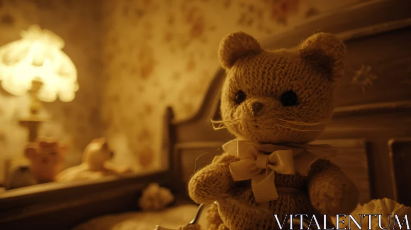 Vintage Stuffed Animal Cat on Bed in Dimly Lit Room AI Image