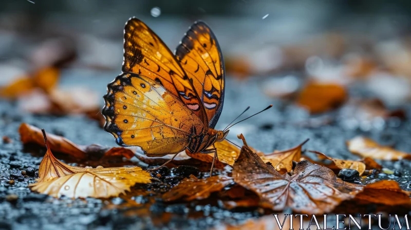 Orange and Black Butterfly on Wet Leaf - A Captivating Nature Image AI Image