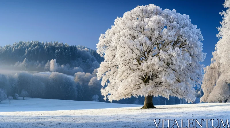 Snow-Covered Tree in a Majestic Winter Landscape AI Image