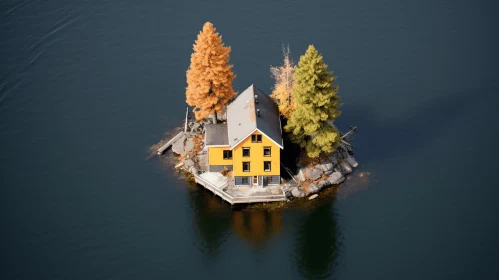 Tranquil Yellow House on Island in Lake | Contemporary Photorealistic Art