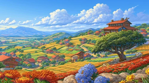 Captivating Valley Landscape with Charming Village and Majestic Mountains