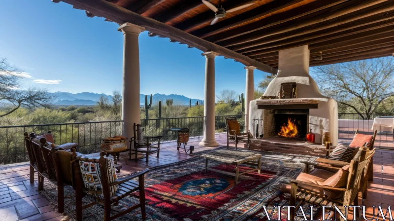 Enchanting Outdoor Living Space with Fireplace and Mountain View AI Image