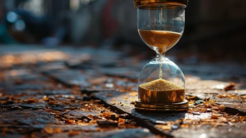 Enigmatic Hourglass with Golden Sand on Wooden Surface