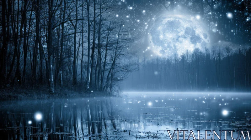 Peaceful Winter Landscape with Shining Moon and Serene Atmosphere AI Image