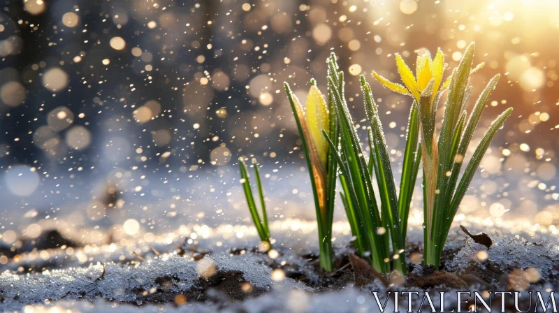 Yellow Daffodils in Snow: A Captivating Winter Scene AI Image